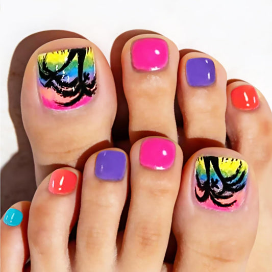 24Pcs Summer Beach Press on Toenails,Short Square Fake Toenails Colorful Acrylic Toenails with Coconut Trees Designs Full Cover Reusable Glossy Stick on Toes Nails for Women Girls