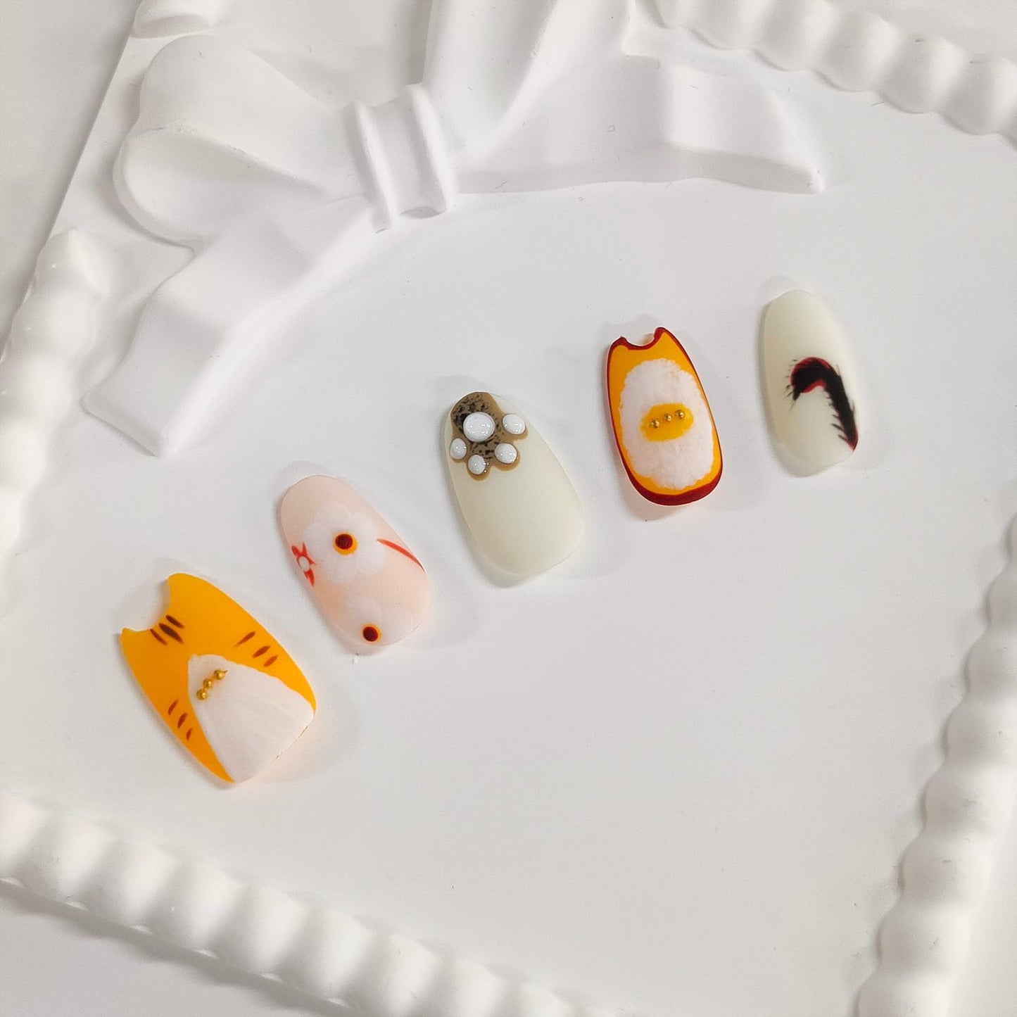 Cat Press on Nails Medium Almond Handmade 3D Thick Acrylic Nails Cute False Nails with Unique Cat Shape Paw Pads Floral Designs Funny Matte Fake Nail Yellow Sturdy Art Press on Nail 10Pcs(M)