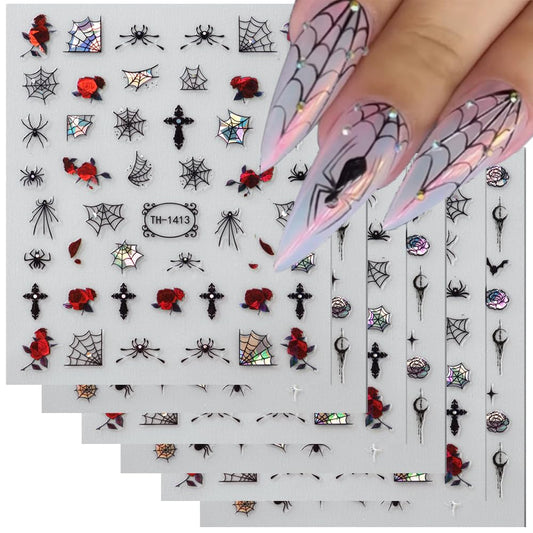 6 Sheets Halloween Nail Stickers Decals, 3D Spider Nail Sticker Decoration Self-Adhesive Colorful Red Rose Flowers Spider Web for Nails Stickers DIY Manicure Art Halloween Decoration