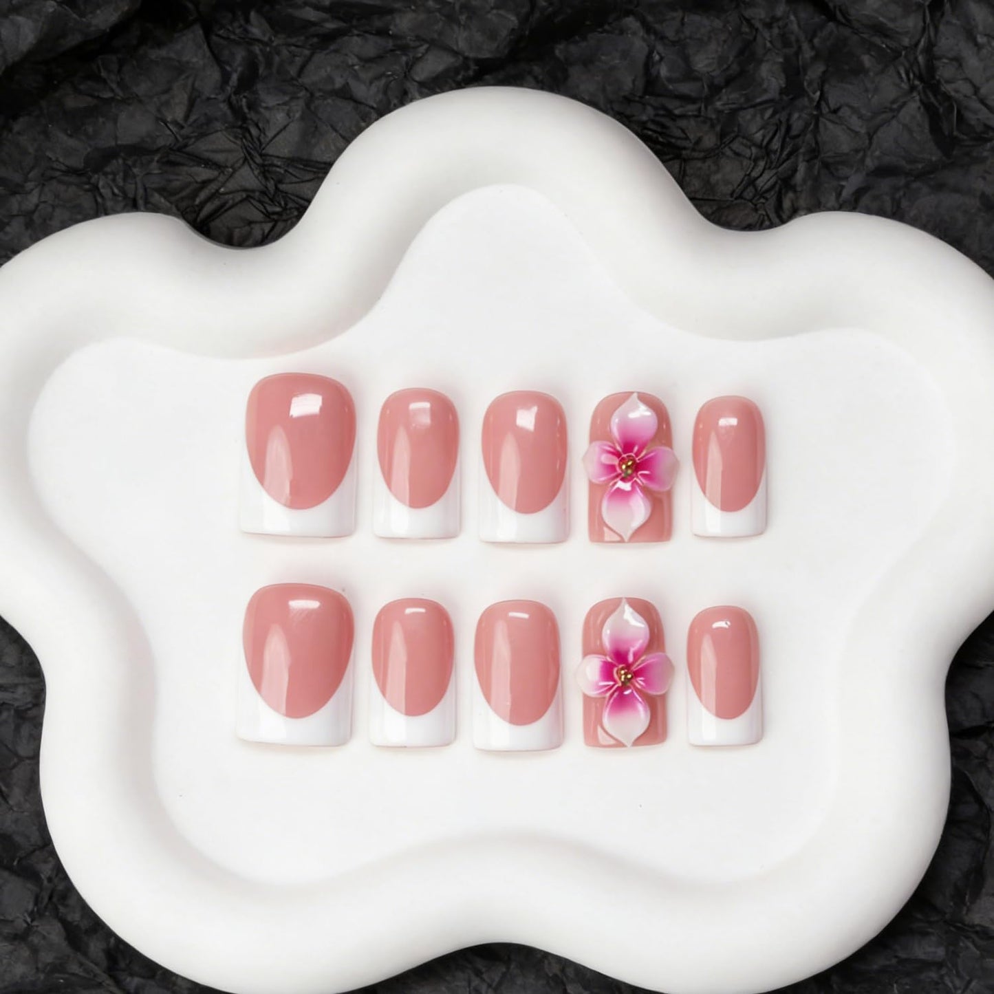 Handmade 3D Nail Art Press on Nails White French Tip Short Duck Fake Nails Flower Thick Acrylic Nails with Designs Elegant Glossy Fake Nail Sturdy Art Manicuare for Women 10Pcs (S)