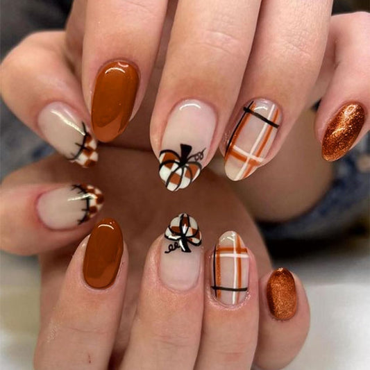 Thanksgiving Pumpkin Press on Nails Medium French Tip Fake Nails with Checkerboard Designs Fall Full Cover Glue on Nails Nude Pink Reusable Autumn Almond False Nails for Women Manicure Kit
