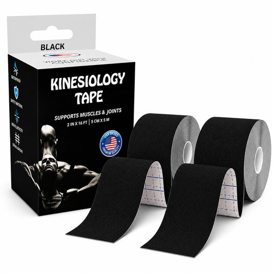 JLB Kinesiology Tape – 2 Rolls, 2 in x 16 ft – KT Tape for Shoulder, Knee, Wrist & Ankle – Waterproof Athletic Tape – Latex-Free Sports Tape for Pain Relief, Muscle Support & Physical Therapy (Black)
