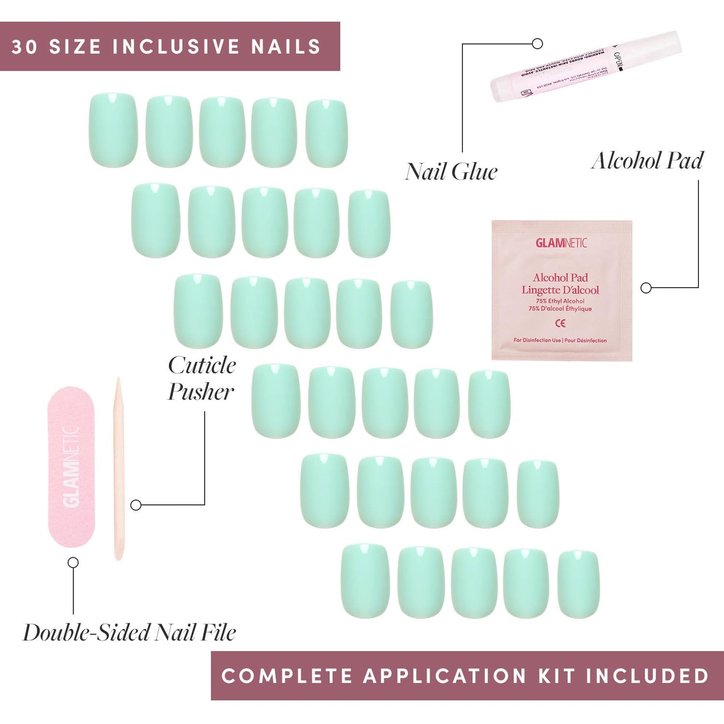 Glamnetic Press-On Nails Bundle - Soft Teal, Fairy Dust & Fiery Red | Short Almond Light Blue Fake Nails with Glossy Finish | Short Oval Beige-Pink False Nails with a Metallic Finish | Bright Red Shor