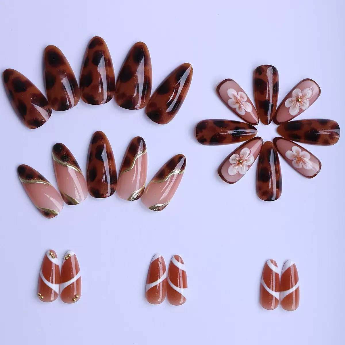 Medium Press on Almond Nails - Brown Fake Nails with Flower Design - Leopard Print, Ombre False Nails - for Women 24 Pcs