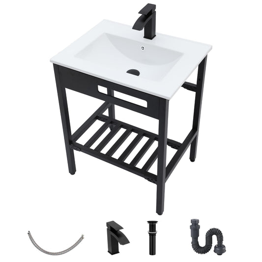 Ceramic Console Sink- Kichae 24"x 18" inch Bathroom Console Sink Drop In Bathroom Sink Holder with Stainless Pedestal Ledge Vessel Sink Art Basin