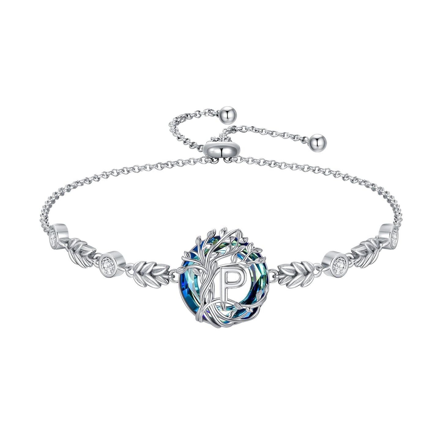 TOUPOP Tree of Life Initial Bracelet Sterling Silver Initials P Letter Link Bracelets Blue Circle Crystal Family Tree Birthday Mothers Day Jewelry Gifts for Women Mom Wife