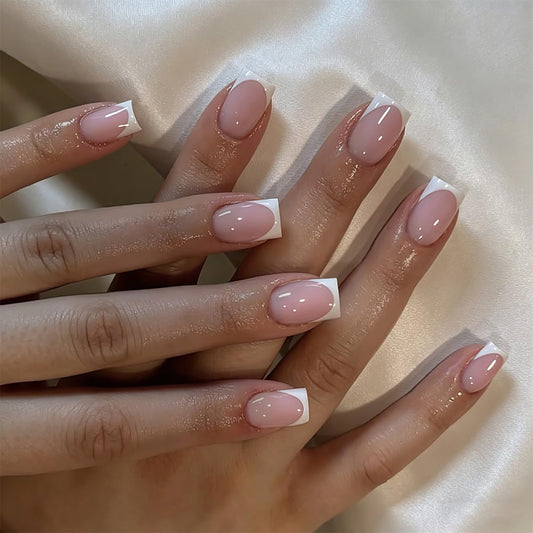 White French Tip Press on Nails Square Short Fake Nails Nature False Nails Press ons Glossy Acrylic Nails Reusable Full Cover Stick on Nails for Women Decoration