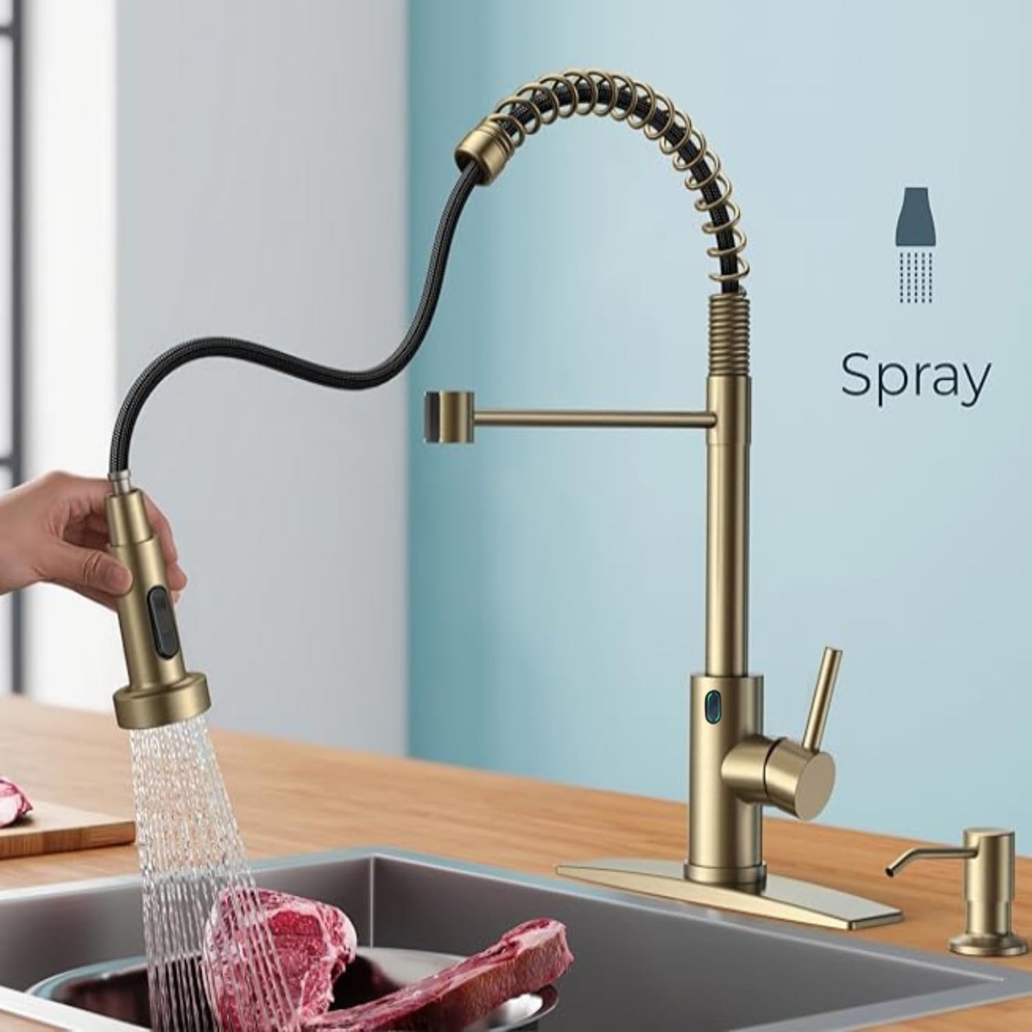 VIDEC Touch-Less Kitchen Faucet, 3 Modes Pull Down Sprayer, Sensor Activated, LED Temperature Control, 360-Degree Rotation, 1 or 3 Hole Deck Plate. 10-Year Warranty.(Matte Gold, KW-79J)