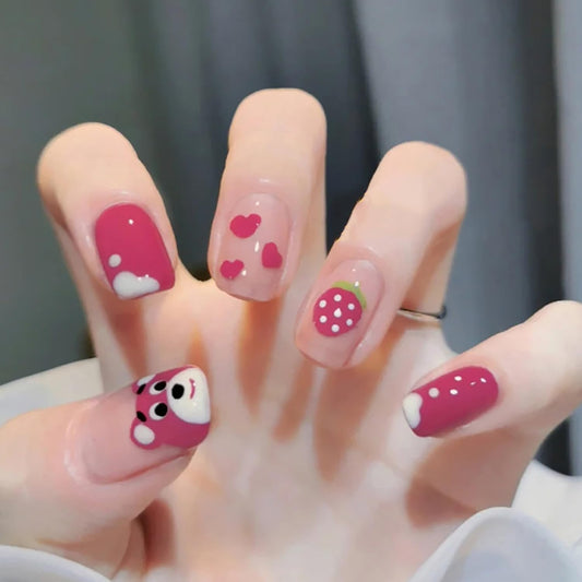 EYZOTSF Press on Nails Short Length Acrylic Glossy Full Cover Cute False Nails with Pink Bear Designs Artificial Extra Short Square Shaped Fake Nails Glue ons Fingernails for Women Girls