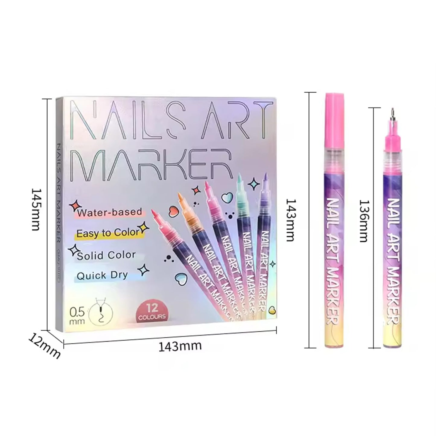 12 Colors Nail Art Pens Set, DIY Nail Art Marker Drawing Painting Liner Pen, Waterproof and Quick-drying Nail Polish Pens for Graffiti Dotting Drawing Painting Point Liner