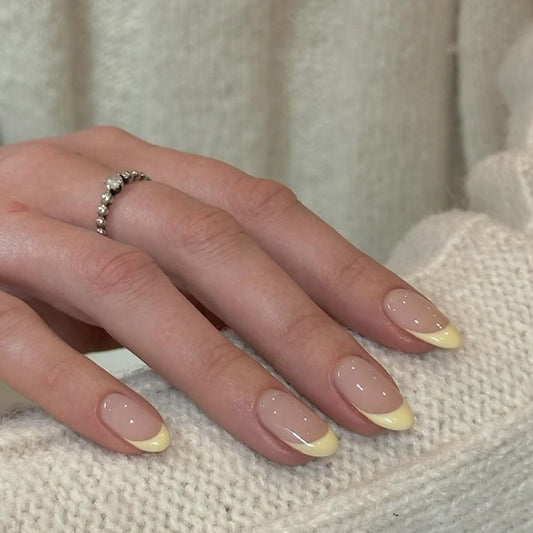 Yellow French Tip Press on Nails Medium Almond,French Nails Press ons with Design Full Cover Glue on Nail Stick on Nails for Women Manicure,Reusable | Artificial | Nail Sticky Tab | Easy Apply | 24Pcs