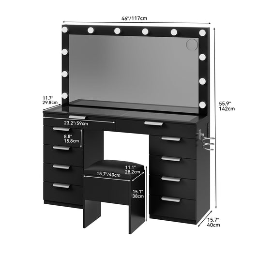 YITAHOME Vanity Desk with Mirror and Lights, Makeup Vanity Set with Glass Top & 10-Drawer, Charging Station, Dressing Table with Storage Chair & 3-Color Brightness Adjustable Lighting, Ink Black