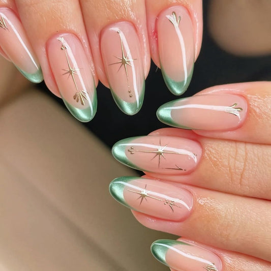 Green French Tip Press on Nails Short Almond Fake Nails Cat Eye with Gold Stars Designs Nude Glossy Artificial Glue on Nails Full Cover Acrylic Stick on Nails for Women 30 Pcs