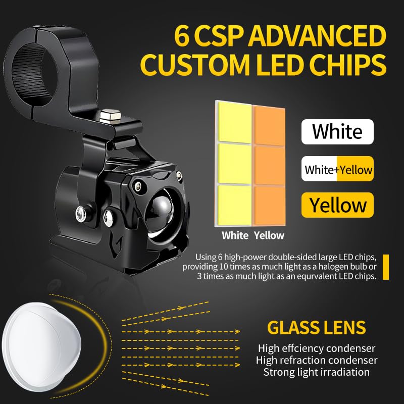 APMAT Motorcycle Lights LED Auxiliary Spotlights Driving Fog Light, with Mount Brackets 7 Modes White/Amber Dual Color Strobe Switchback for Motorcycle Electric Bike, 2PCS