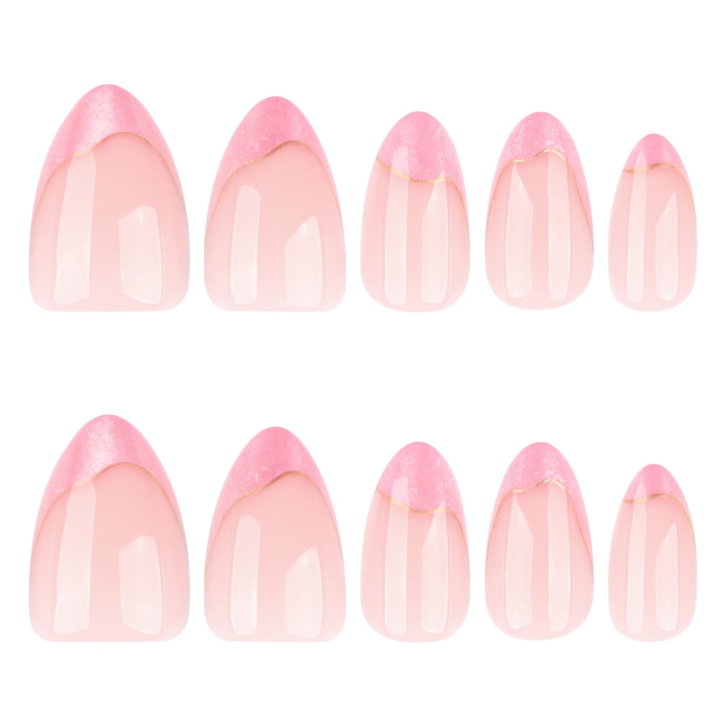 Taoyisent 24PCS Pink Cat Eye French Tip Press on Nails, Short Almond Glitter Fake Nails with Gold Line Design, Glossy Nude Full Cover Acrylic Nails Reusable Stick on Nails for Women