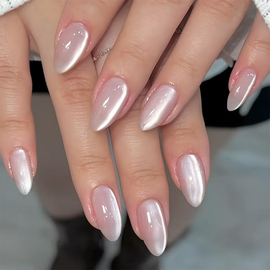 HOSAILY Baby Pink Cat Eye Press On Nails Short Almond, 24Pcs Glitter Nude Soft Pink Thick Cute Acrylic Nails Press Ons, Reusable Glossy Durable Sturdy Gel Fake Nails Full Cover Glue on Nails for Women
