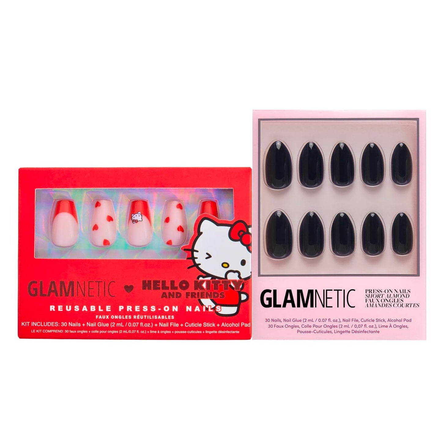 Glamnetic x Hello Kitty® and Friends Press-On Nails Bundle - Hello Kitty® Red & Boba | Short Coffin Red French Tip Fake Nails | Opaque Black Short Almond Nails | Reusable Nail Kit with Glue