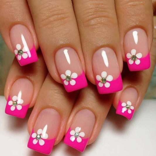 Pink French Tip Press on Nails Medium Square Fake Nails with Rhinestones Designs Flower False Nail Glossy Full Cover Acrylic Spring Floral Stick on Nail for Women 24Pcs