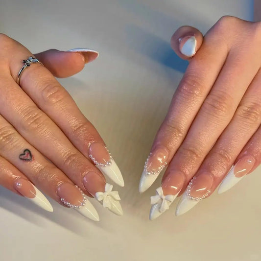Handmade Press on Nails Almond Pearl White Fake Nails French Glossy 3D False Nail Tips Artificial Nails Finger Manicure for Women&Girls -10 pcs (MT-102, M)