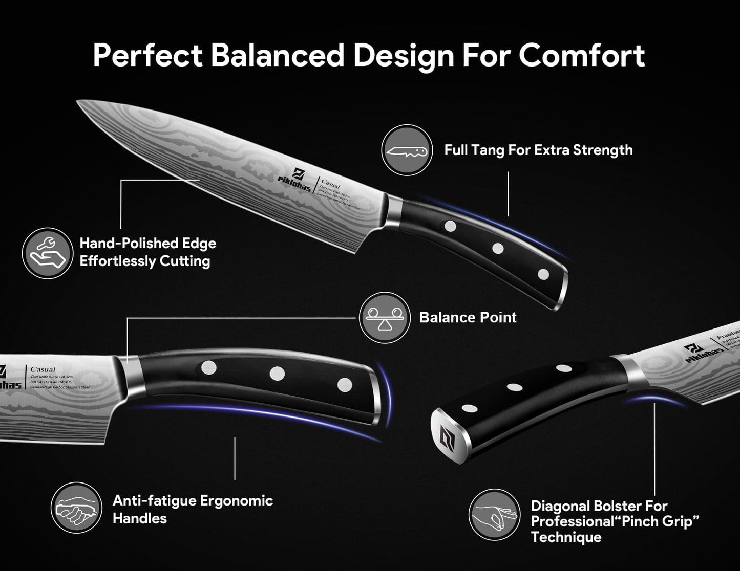 Piklohas Knife Sets for Kitchen with Block, 17 Pieces with Magnetic Knife Holder, German High Carbon Stainless Steel Damascus Pattern Chef Knife Set
