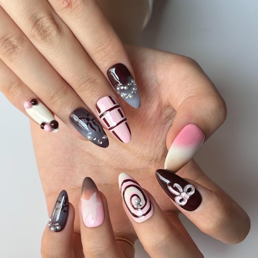 10Pcs Spring Summer Press on Nails Almond Shape False Nails with Bow Design Medium Length Fake Nails Handmade Nails Press On 3D Star Fake Nails Reusable Nails for Women (Size S)