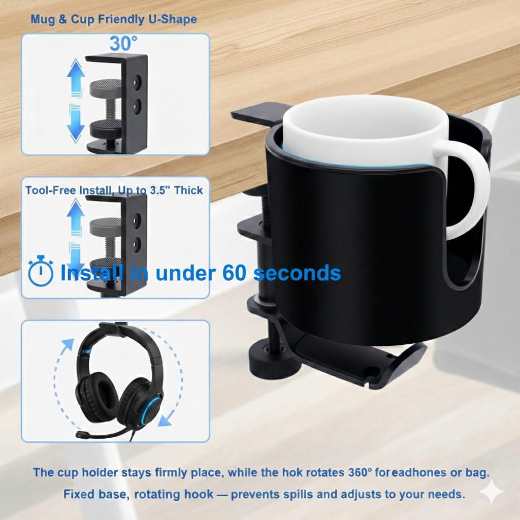 Erin Ridge Clamp-On Desk Cup Holder with 360° Rotating Hook – Anti-Spill Drink Holder with No-Scratch Silicone Pads, Fits Mugs & Tumblers – for Home Office, Gaming, Camping & Outdoor Tables