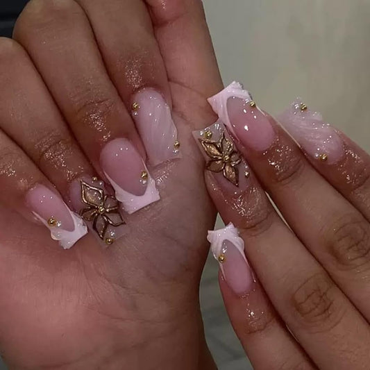 CTTHNBD Medium Press on Nails Square - Pink French Tip Fake Nails with Flower Design - Summer Full Cover Stick on Nails for Women - 24 Pcs