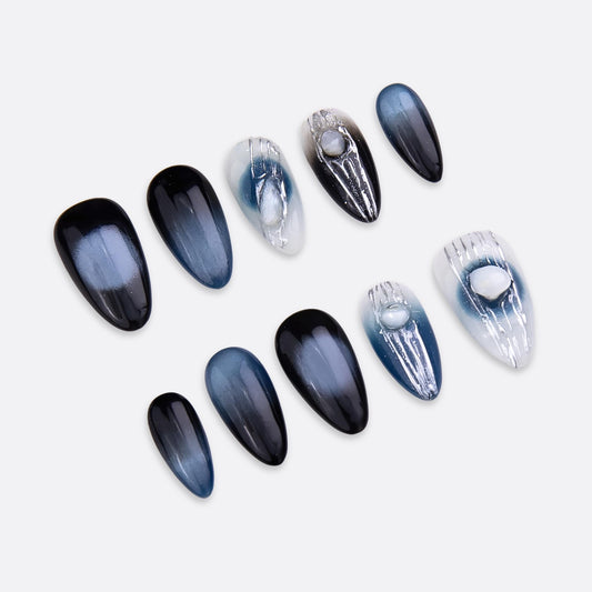 SIYOU Beauty | Dark Aurora | Navy Blue and White Ombre Dark Short Almond Press On Nails for Women (Small) - Reusable, Salon-Quality Fake Nails (10pc)