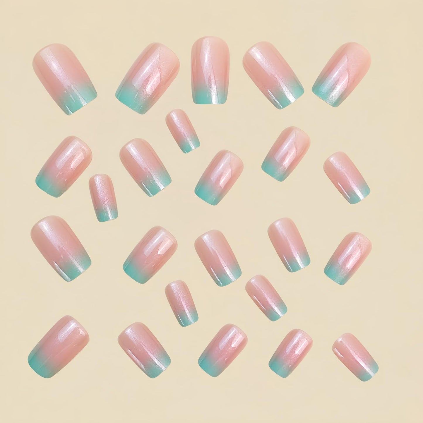 SINHOT Square Press on Nails - Short Fake Nails, Glossy Finish, Pink Blue Gradient & Bling, DIY Artificial False Nail Art - 24 Pcs Nail Kit with Glue