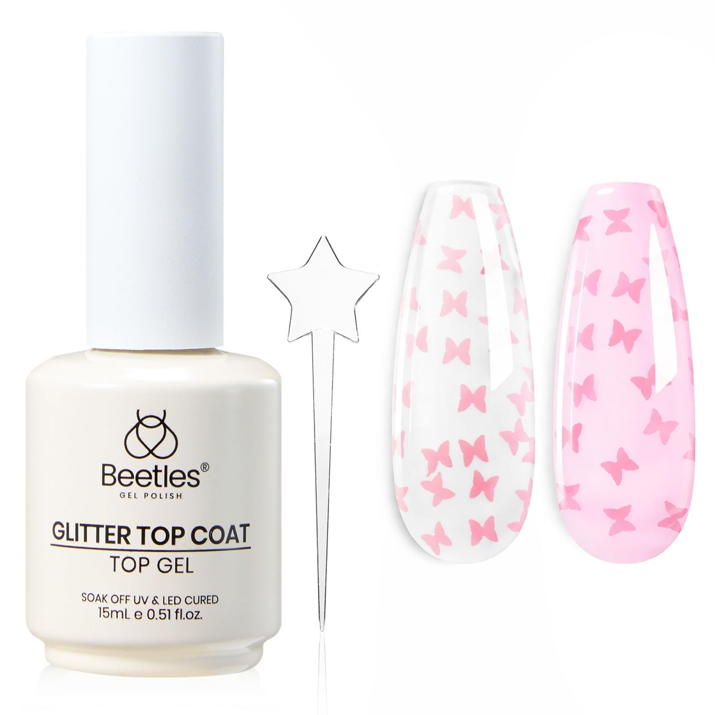 Beetles Butterfly Gel Top Coat 15ml - Floral Sprite Pink Butterfly Glitter Shine No Wipe Top Coat Long-Lasting for Gel Polish Sparkle Soak Off UV LED for Women