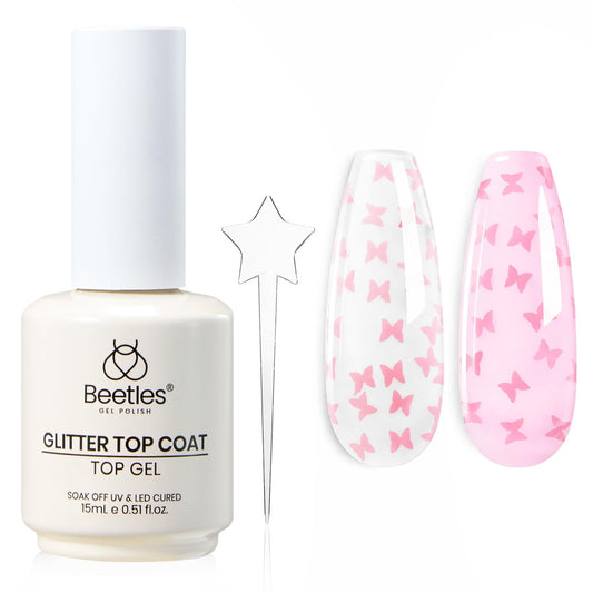 Beetles Butterfly Gel Top Coat 15ml - Floral Sprite Pink Butterfly Glitter Shine No Wipe Top Coat Long-Lasting for Gel Polish Sparkle Soak Off UV LED for Women
