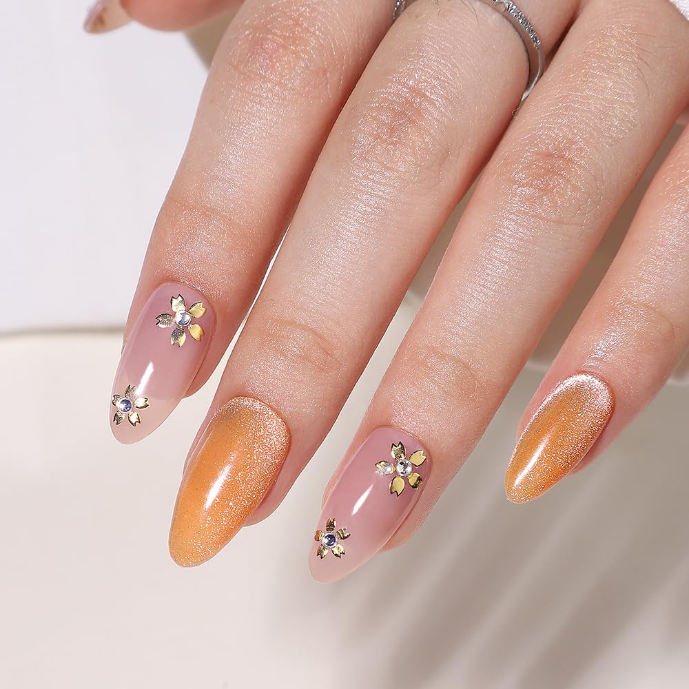 Nude Press on Nails Medium Almond Fake Nails Spring Nails Press ons with Flowers Design Glossy Full Cover Glue on Nails Artificial Stick on Nails for Women Manicure 24Pcs