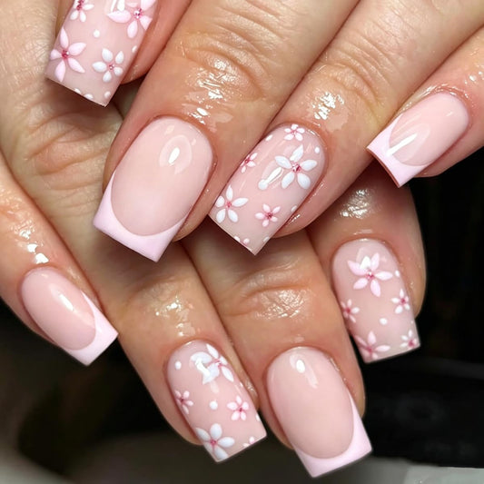 Pink Press on Nails Medium Square Fake Nails French Tip False Nails Press ons with Flower Print Design Glossy Reusable Nail Full Cover Acrylic Stick on Nails for Women Manicure 24Pcs