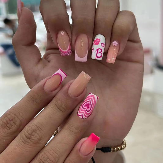 Press on Nails Medium Square Pink 24Pcs Glossy Full Cover Artificial French Fake Nails with Heart Lips Designs Reusable Coffin Acrylic False Nails Glue on Fingernails with Charm for Women