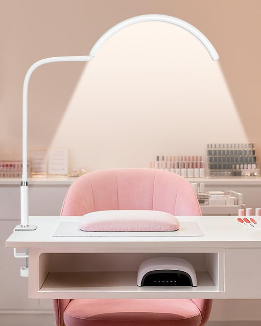 ZEKAHOV Professional Half Moon LED Desk Light for Nail Techs & Artists – Flexible Gooseneck Lamp with Clamp, 3 Color Modes & 5 Brightness Levels for Manicure, Tattoo, Beauty Work (White)