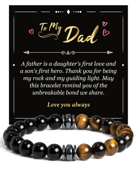 Landorilo Gifts for Men, 8mm Natural Stone Beaded Bracelets, Black Tourmaline & Tiger Eye Healing Bracelet, Handmade Mens Jewelry Gift for Him, Husband, Son, Father, Friend(Happy Birthday-7.5in)