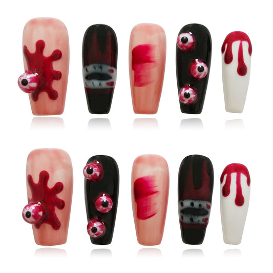 Tesytto Handmade Press on Nails Long Coffin - 3D Eyeballs with Red Drops Design, Multi-Layer Gel Acrylic Nails for Parties, Halloween (Vampire Eyes,M)