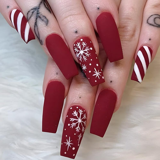 Christmas Press on Long Coffin False Nails Red Matte with Design Snowflake White Stripe Glue on Full Cover Winter Xmas Acrylic Stick on Nails for Women Manicure 24 Pcs