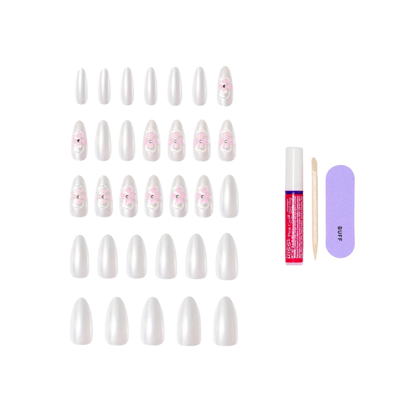 Kiss Glam, Press On Nails, Nail glue included, 'Captured', White, Medium Size, Almond Shape, Includes 32 Nails, 2g Glue, 1 Manicure Stick, 1 Mini File