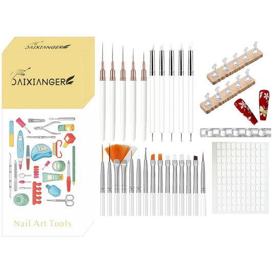 39Pcs Nail Art Brush & Practice Tool Kit, White Nail Art Brushes with Nail Practice Stands & Brush Holder, Professional Manicure Accessories for Nail Art Painting, Sculpting & DIY Manicure