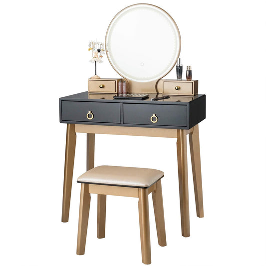 FANTASK Vanity Table Set, LED Lighted Makeup Table w/ 3 Color Round Lighting Mirror Touch Screen 4 Drawers, Makeup Dressing Table w/Cushioned Stool for Bedroom (Black)
