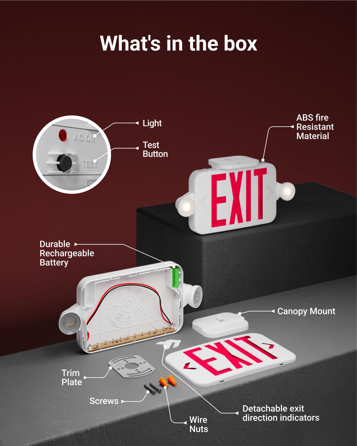 Sunco 30 Pack LED Exit Sign With Emergency Lights, Red, Two Mini Adjustable Lights, 94V-0 Fire Resistant, Backup Battery, 2.3W 6000K Daylight Deluxe, 200 Lumens 120-277V, Wall Or Ceiling Mount UL.