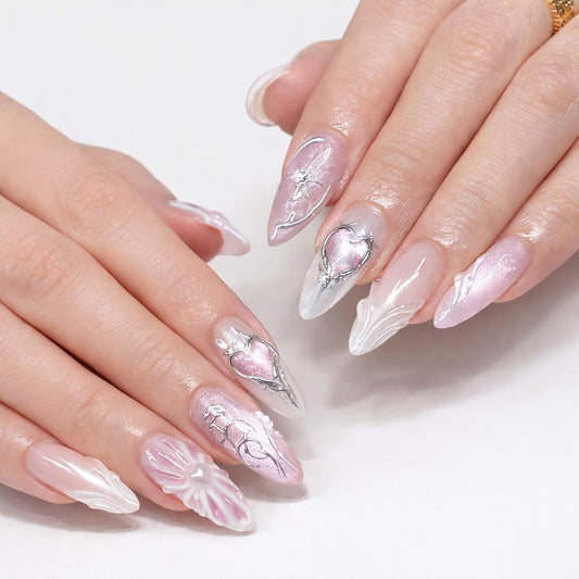 Reusable Press on Nails Kit with Glue, Pink Purple Shimmer Almond Fake Nails, Heart & Star Design, Easy to Apply Long Lasting, No Damage to Natural Nails, Slimming Effect for Women
