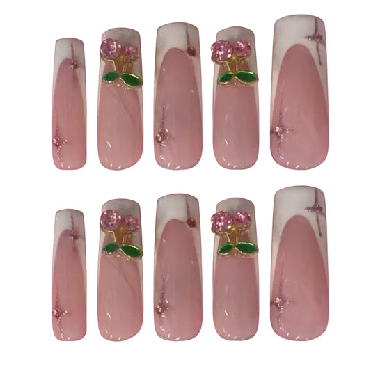 Pinktlicious Pink French Tip Press On Nails - Long Coffin Reusable False Nails with Cherry Rhinestones, Glue-On Artificial Nails for Women’s Daily & Party Manicure (S)