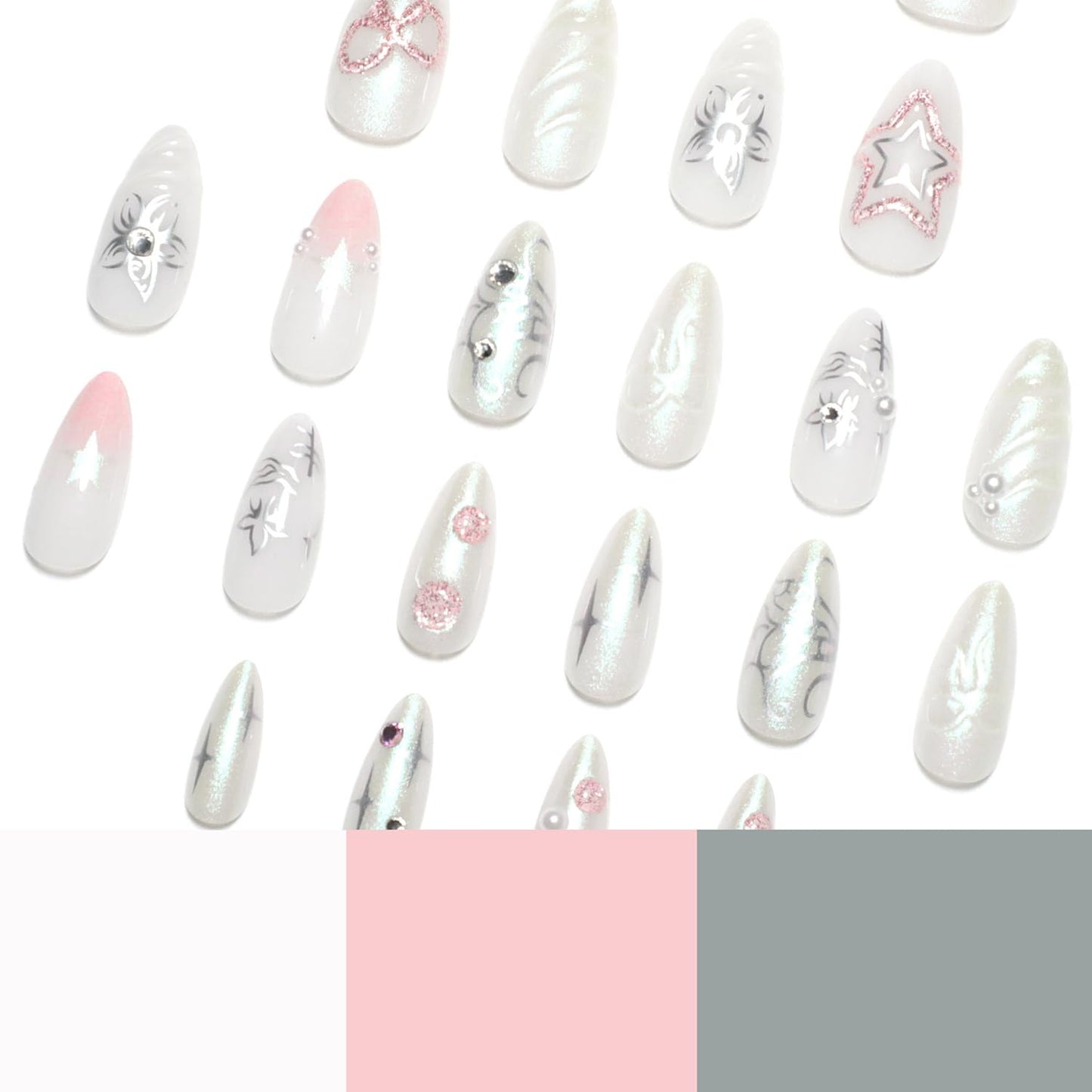 French Tip Press on Nails Medium Almond Star Bow Flower Fake Nails with Rhinestone Designs Pink Glitter Stars Bows False Nails Full Cover Artificial Glue on Nails Handmade Stick on Nails for Women