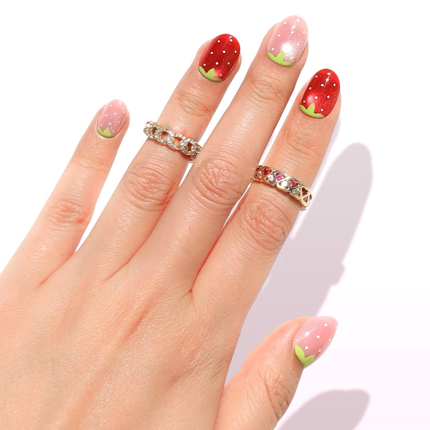 Nail Reformation Press On Nails, Strawberry Candy | Red & Pink Extra Short Round Fake Nails with Velvet Cat Eye Shimmer, Reusable Stick On Nails Kit - 32 Pcs in 16 Sizes, Manicure Gifts for Women