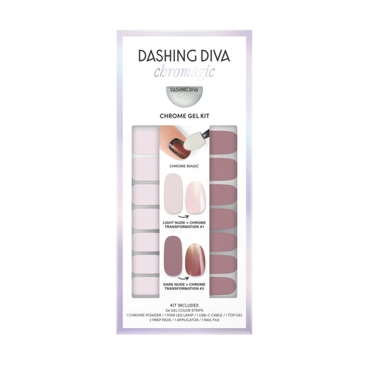 Dashing Diva Chromagic Gel Nail Strips - Bare to Beam - Easy UV Free, Chip Resistant, Long Lasting Gel Nail Stickers and Chrome Powder