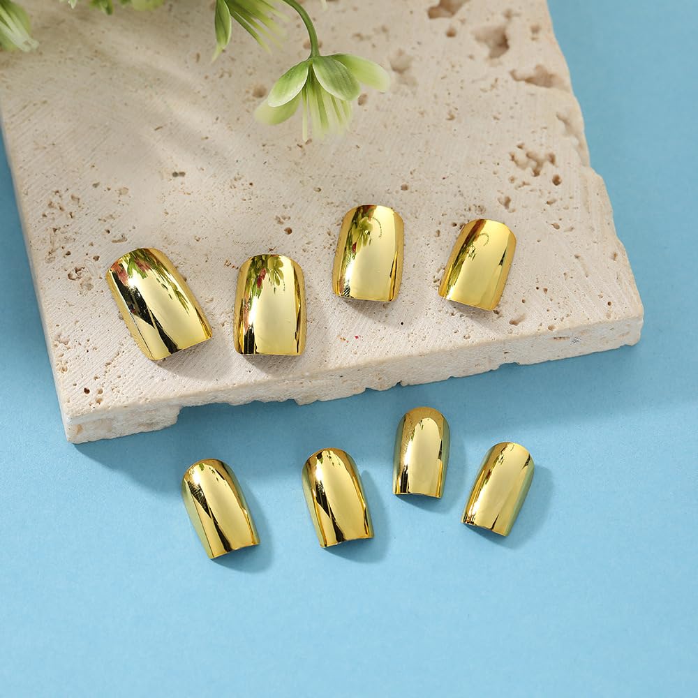 Gold Press on Nails Short - Square Fake Nails with Solid Color Design - Chrome Full Cover Stick on False Nails - for Women 24 Pcs