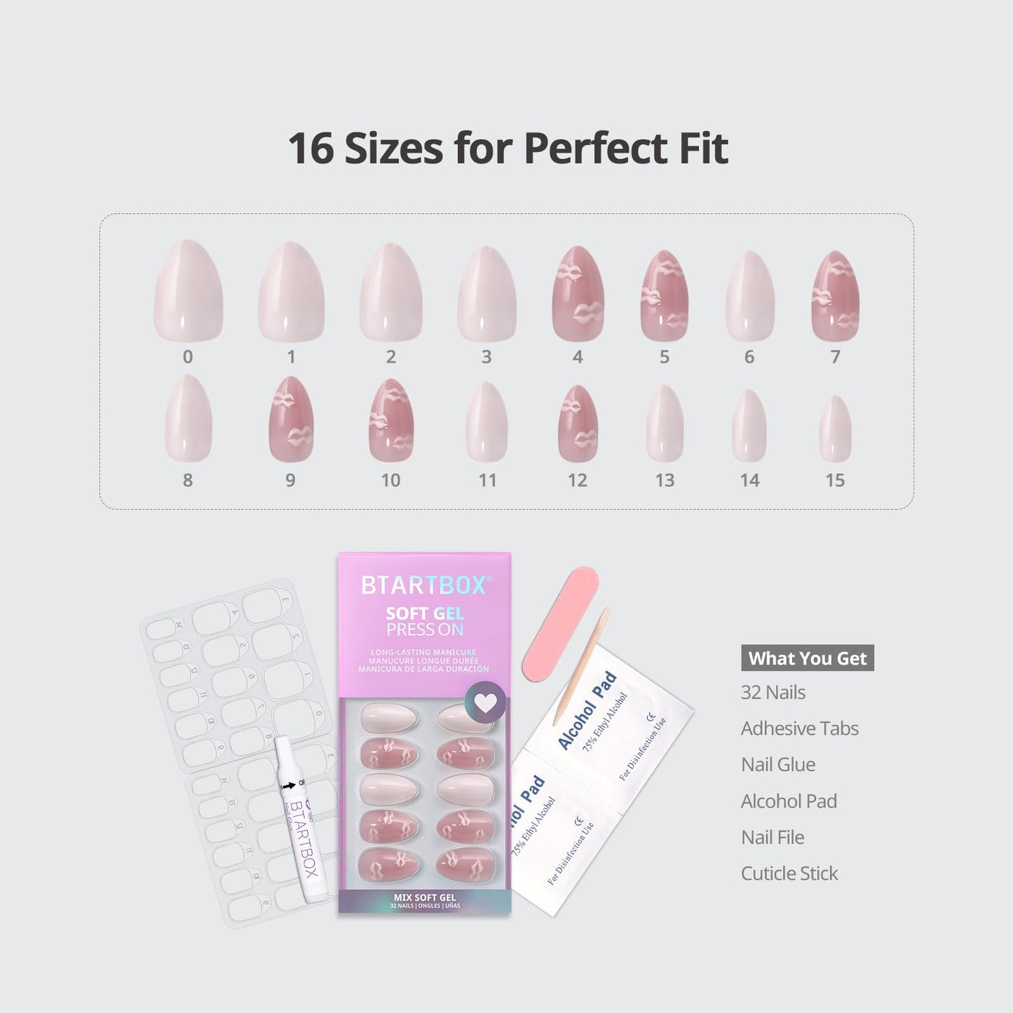 BTArtbox Press On Nails Short - Dainty Kiss, 3D Pink Lip Almond Press On Nails with Glue and Adhesive Tabs for Women in 16 Sizes - 32 Nails All-in-One Kit