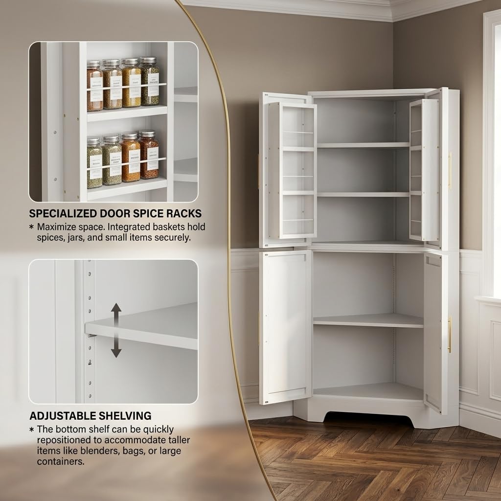 AUN Corner Cabinet, Kitchen Pantry Storage Cabinet with Adjustable Shelves & Spice Rack, Tall Freestanding Corner Pantry with Shaker Doors & Gold Handles for Kitchen, Bathroom, Living Room (White)